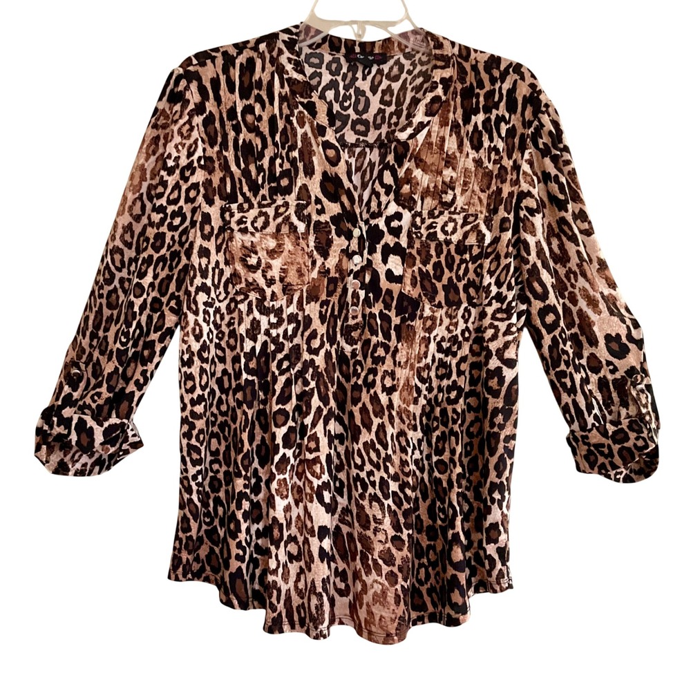 Cocomo Animal Leopard Print Roll Tab Sleeve Button Front Blouse Top L Maximalist